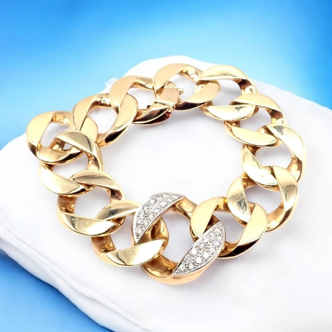 Rare Vintage Tiffany & Co 14k Yellow Gold Diamond Large Heavy Curb Link Bracelet - 2