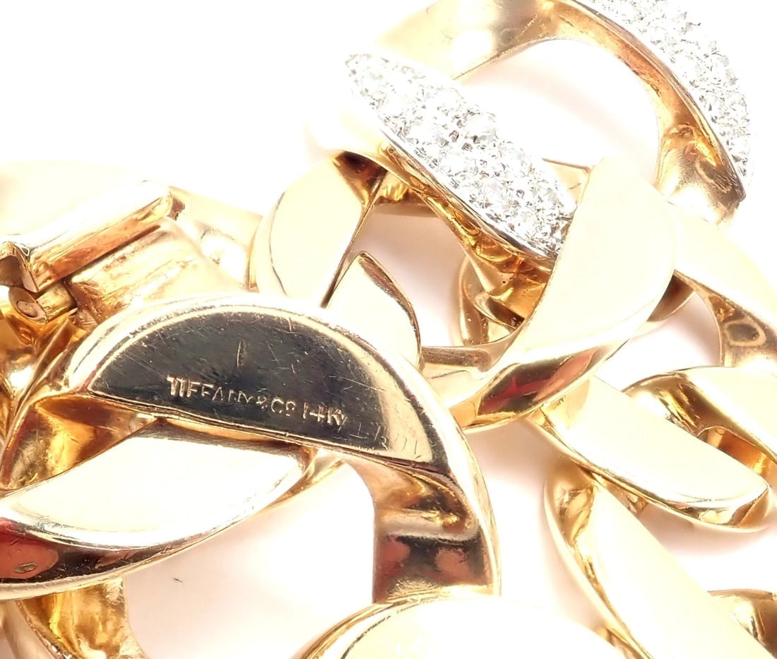 Rare Vintage Tiffany & Co 14k Yellow Gold Diamond Large Heavy Curb Link Bracelet - 7