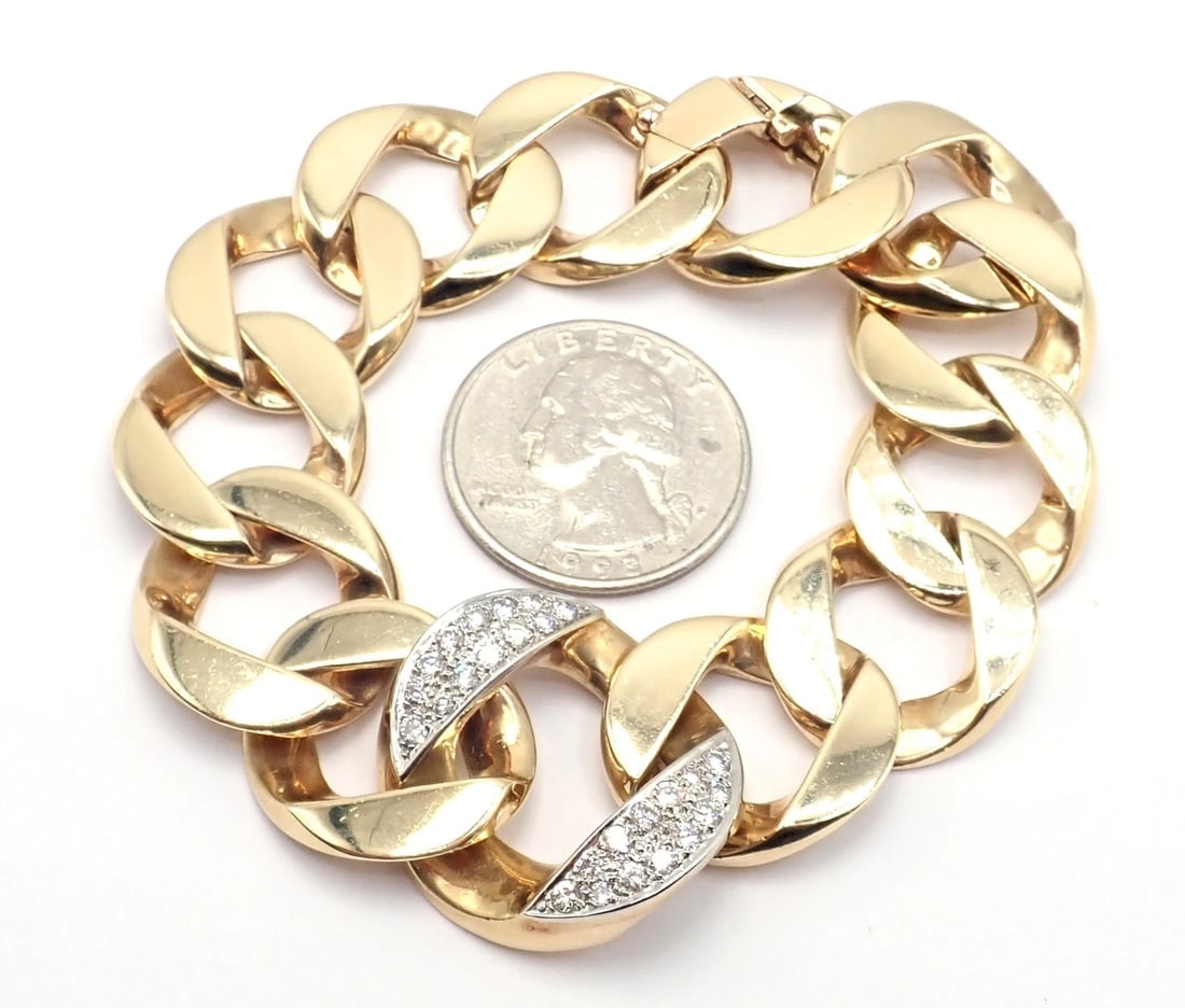 Rare Vintage Tiffany & Co 14k Yellow Gold Diamond Large Heavy Curb Link Bracelet - 8