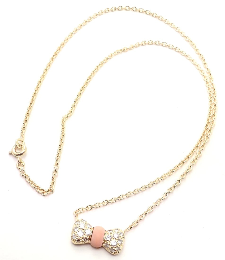 Authentic! Van Cleef & Arpels 18k Yellow Gold Diamond Coral Bow Pendant Necklace - 9
