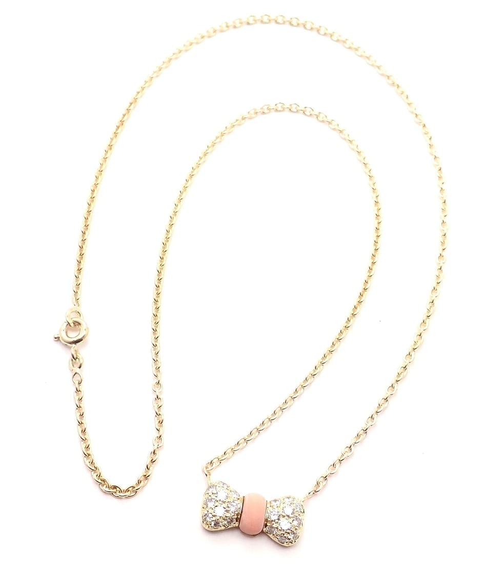 Authentic! Van Cleef & Arpels 18k Yellow Gold Diamond Coral Bow Pendant Necklace - 3