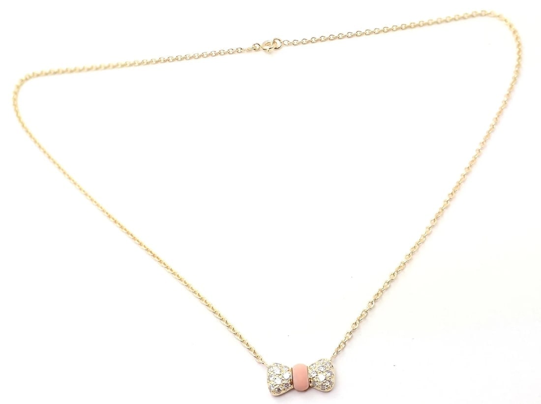 Authentic! Van Cleef & Arpels 18k Yellow Gold Diamond Coral Bow Pendant Necklace - 5