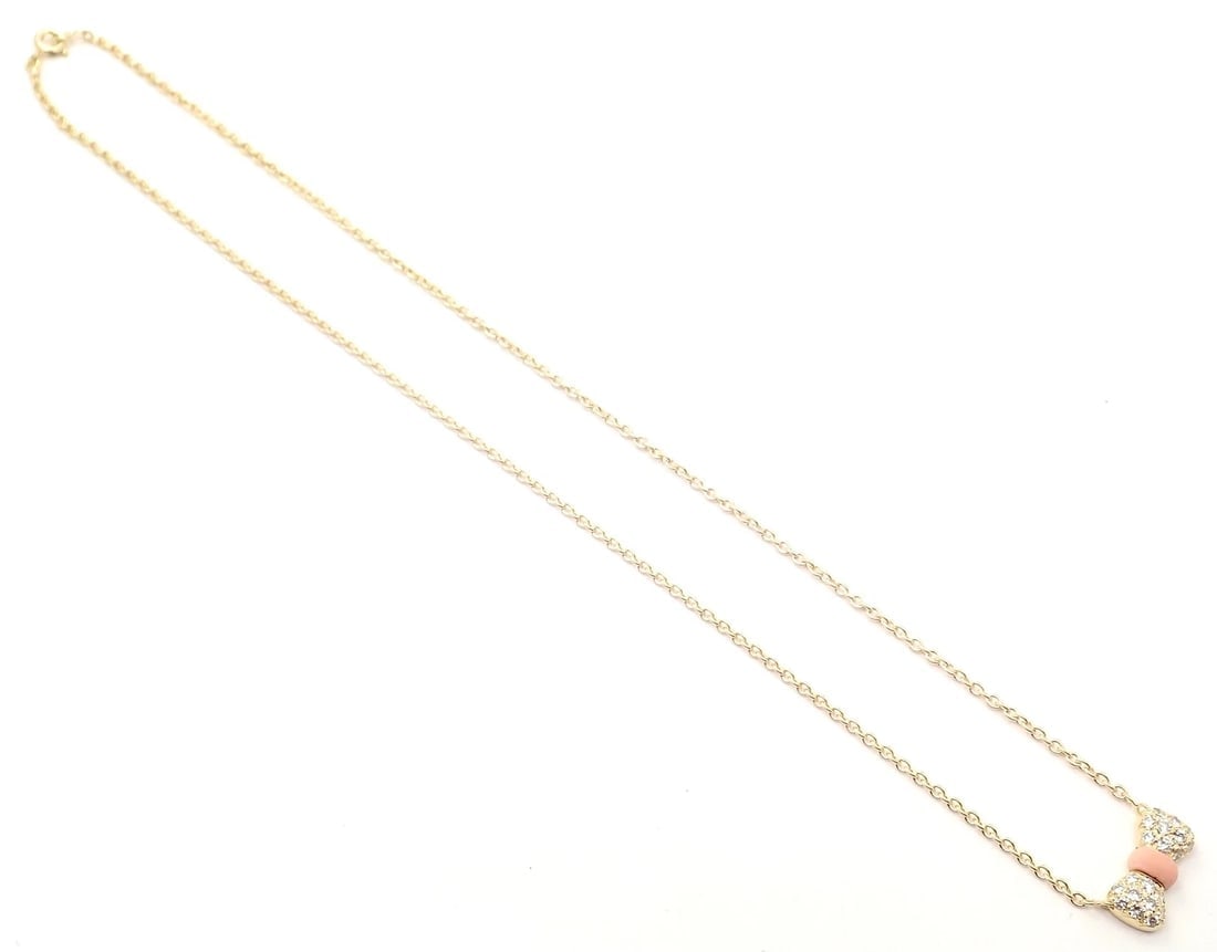 Authentic! Van Cleef & Arpels 18k Yellow Gold Diamond Coral Bow Pendant Necklace - 6