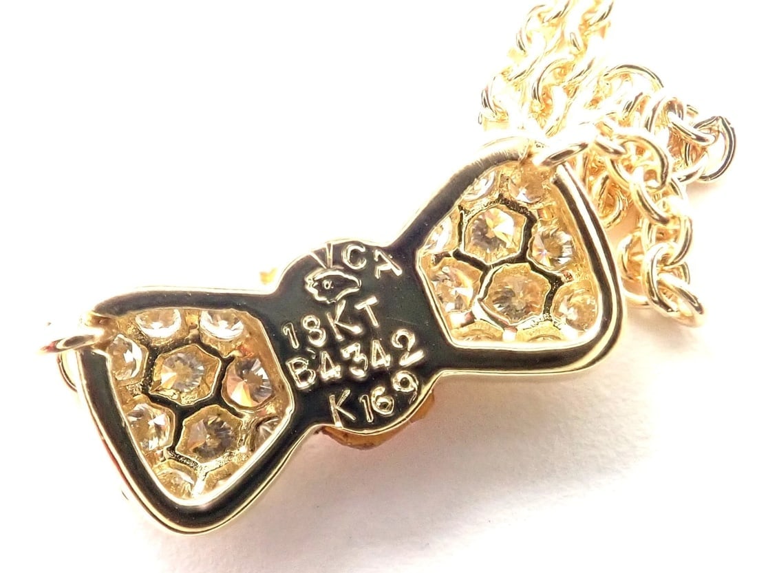 Authentic! Van Cleef & Arpels 18k Yellow Gold Diamond Coral Bow Pendant Necklace - 8