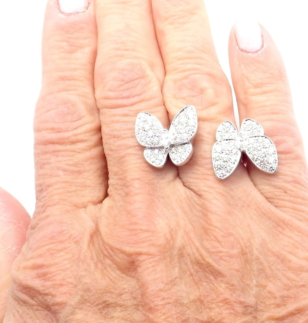 Van Cleef & Arpels 18k White Gold Diamond Two Butterfly Between Finger Ring - 7