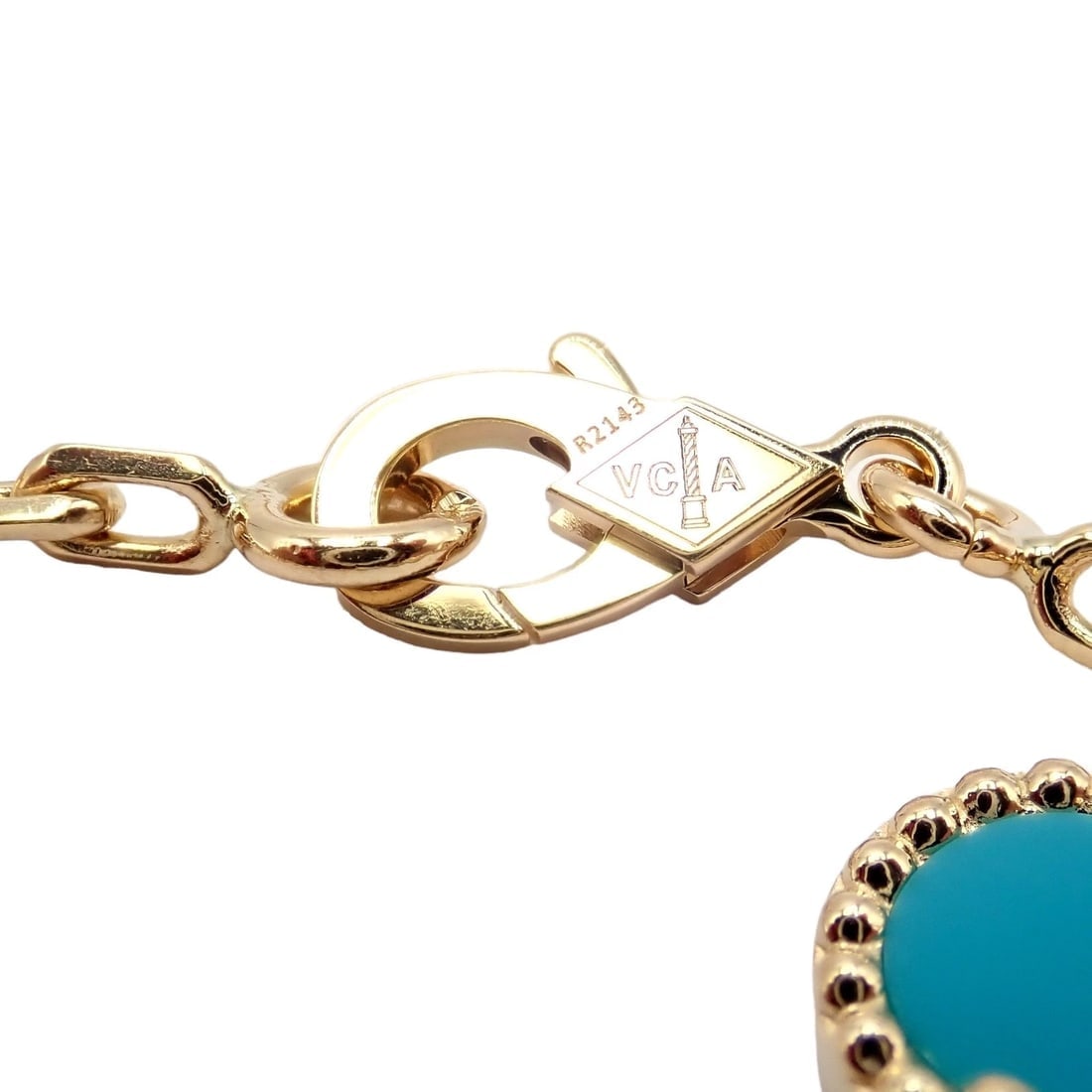 Van Cleef & Arpels 18k Yellow Gold 20 Motif Alhambra Diamond Turquoise Necklace - 11
