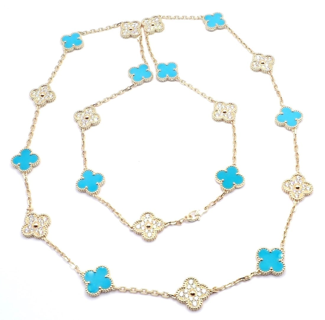 Van Cleef & Arpels 18k Yellow Gold 20 Motif Alhambra Diamond Turquoise Necklace: Van Cleef & Arpels 18k Yellow Gold 20 Motif Alhambra Diamond Turquoise Necklace About This Piece: The Limited Edition Van Cleef & Arpels 18k Yellow Gold 20 Motif Alhambra Diamond Turquoise Necklace