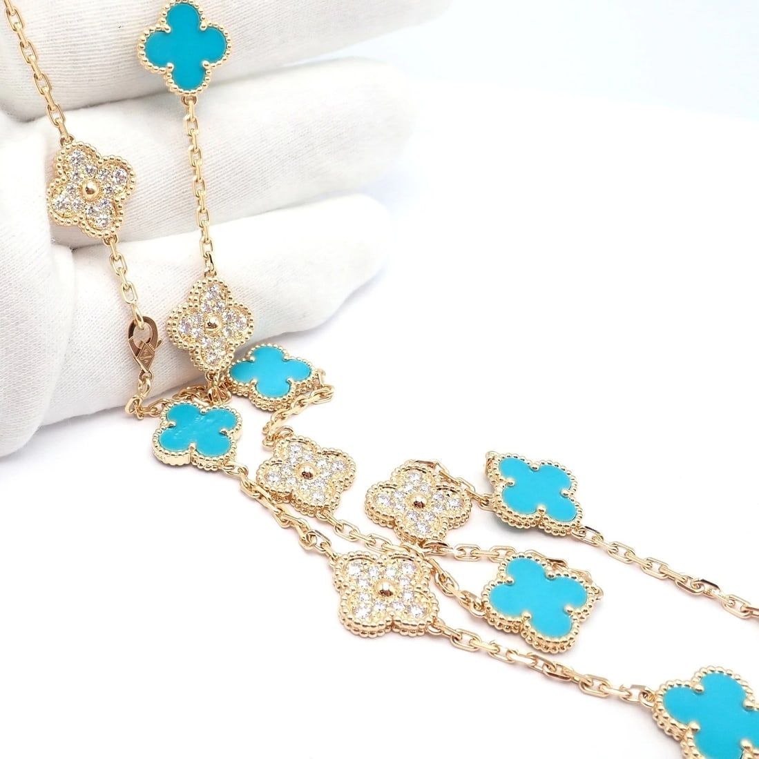 Van Cleef & Arpels 18k Yellow Gold 20 Motif Alhambra Diamond Turquoise Necklace - 5