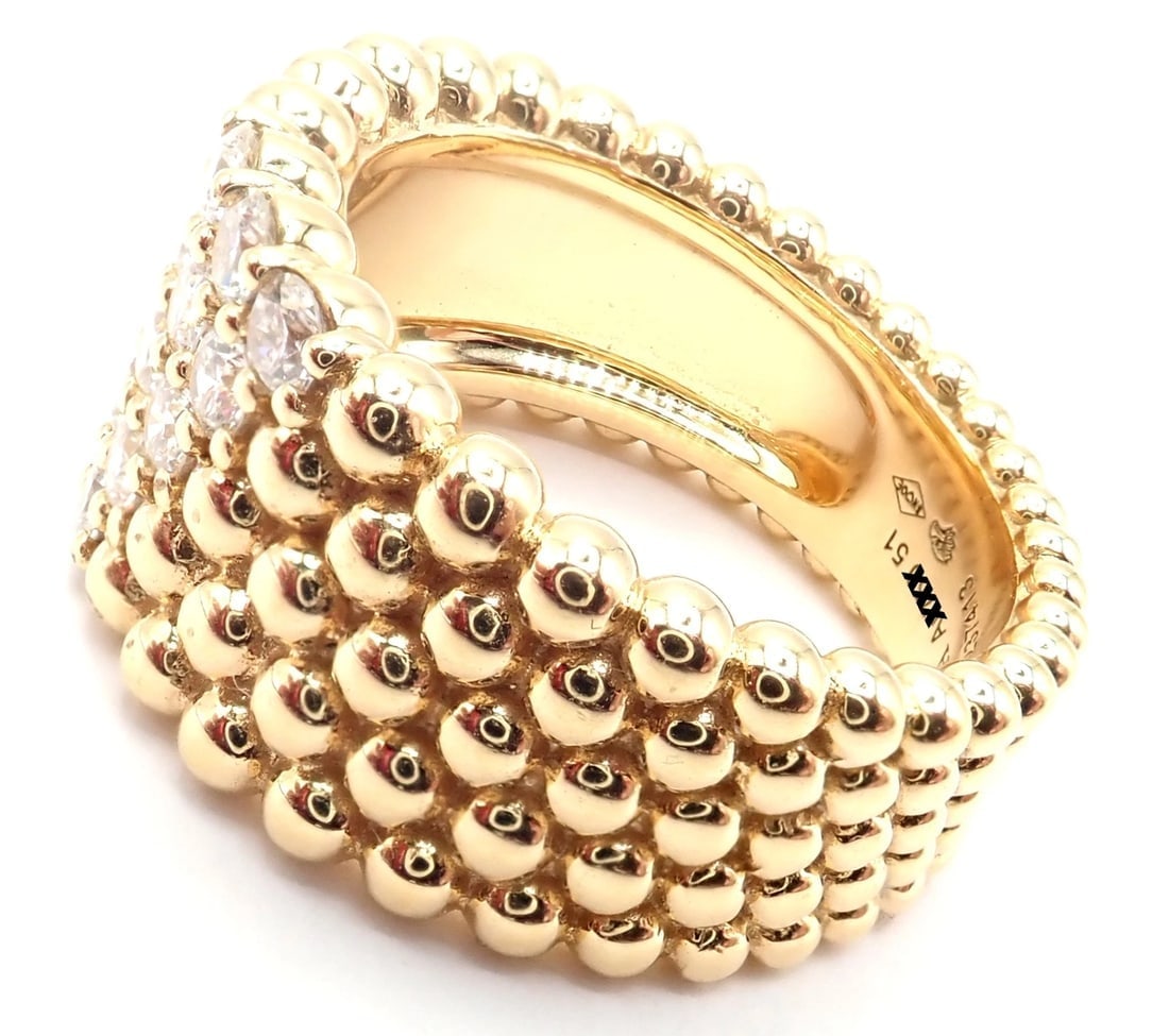 Van Cleef & Arpels 18k Yellow Gold Perlee Diamond 5 Row Band Ring Size 5.75 Cert - 7