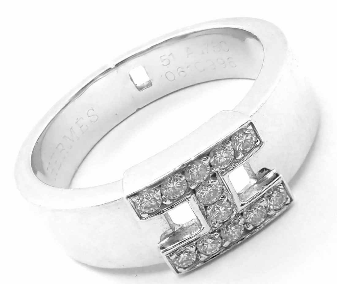Authentic! Hermes 18k White Gold Diamond H Band Ring - 3