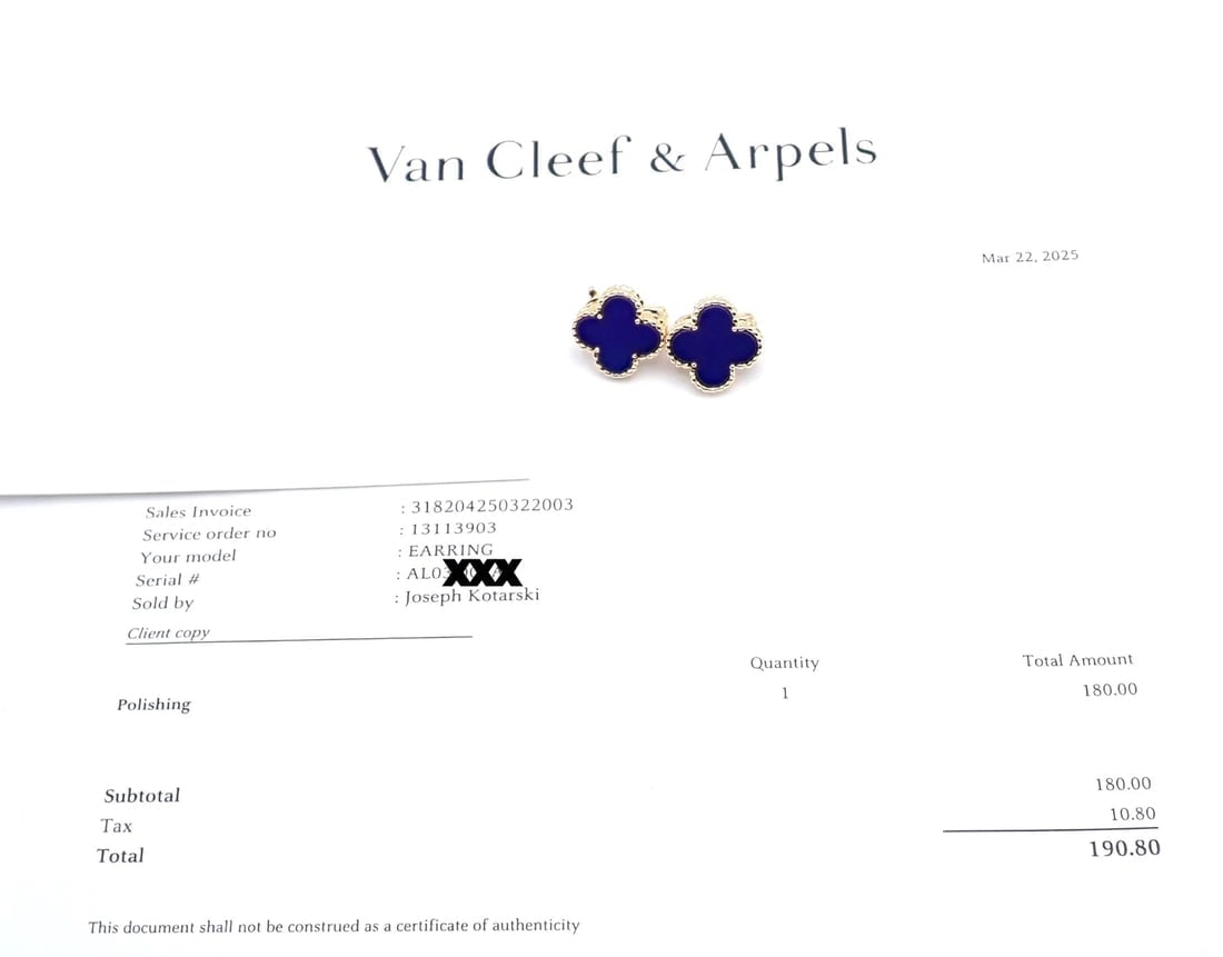 Van Cleef & Arpels 18k Yellow Gold Vintage Alhambra Blue Lapis Earrings Paper - 5
