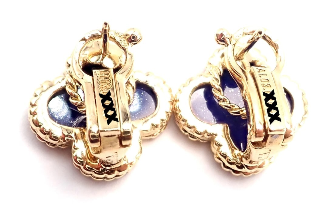 Van Cleef & Arpels 18k Yellow Gold Vintage Alhambra Blue Lapis Earrings Paper - 8