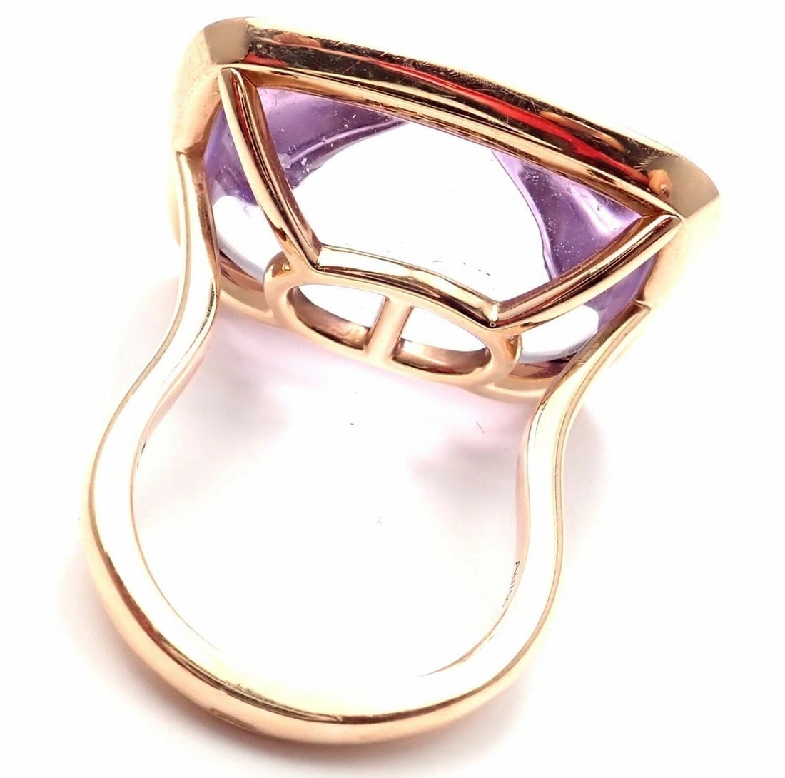 Rare! Authentic Hermes 18k Rose Gold Diamond Large Amethyst Ring - 5
