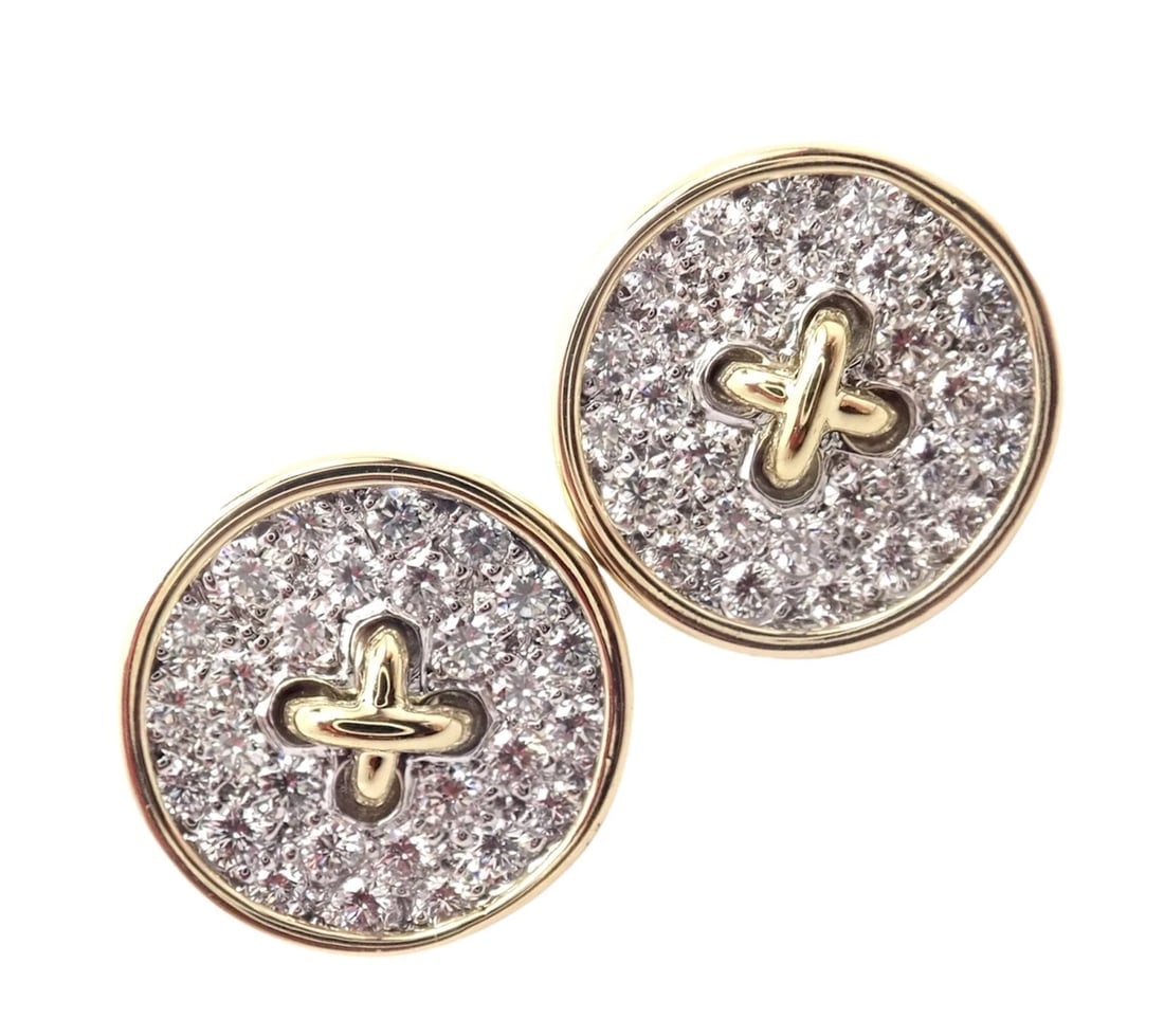 Rare! Authentic Tiffany & Co 18k Yellow Gold Diamond Signature Button Earrings: Rare! Authentic Tiffany & Co 18k Yellow Gold Diamond Signature Button Earrings About This Piece: Metal: 18k Yellow Gold Width: 15.5mm Weight: 8.9 grams Stones: 56x Round Brilliant cut diamonds VS1 cla