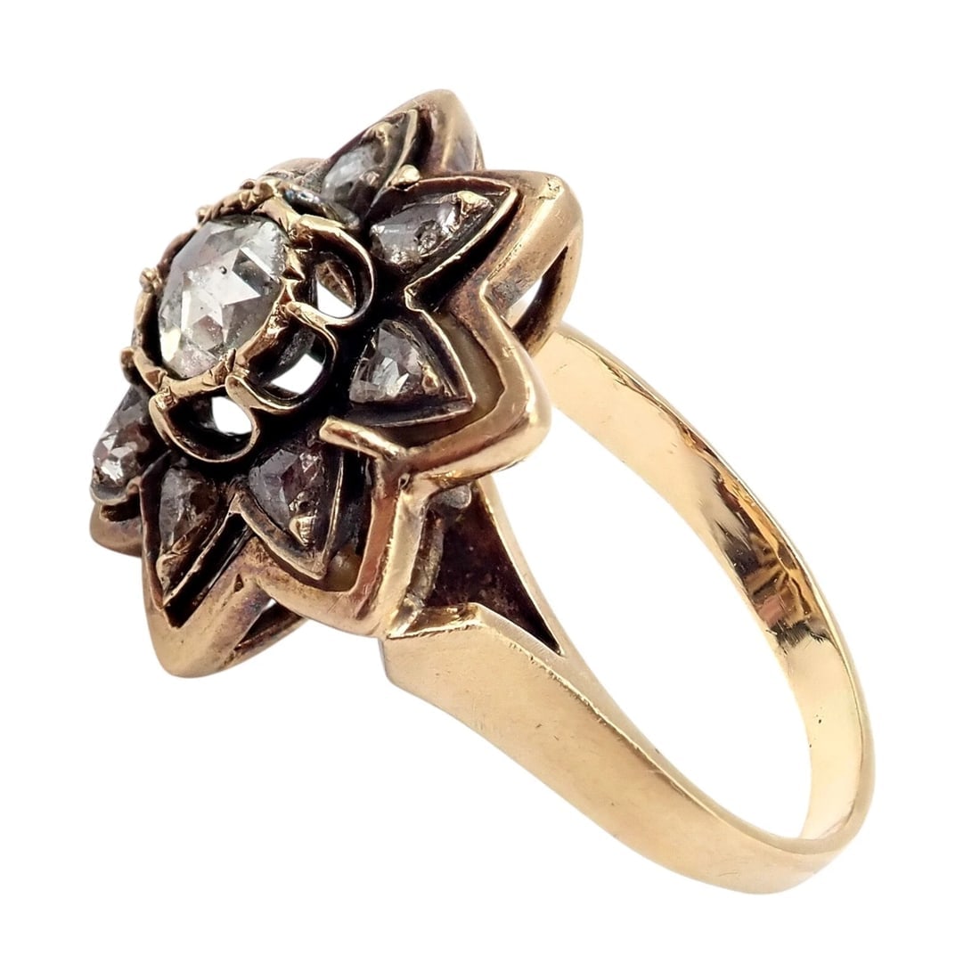 Vintage! Karl Faberge 18k Yellow Gold Rose Cut Diamond Flower Ring - 10