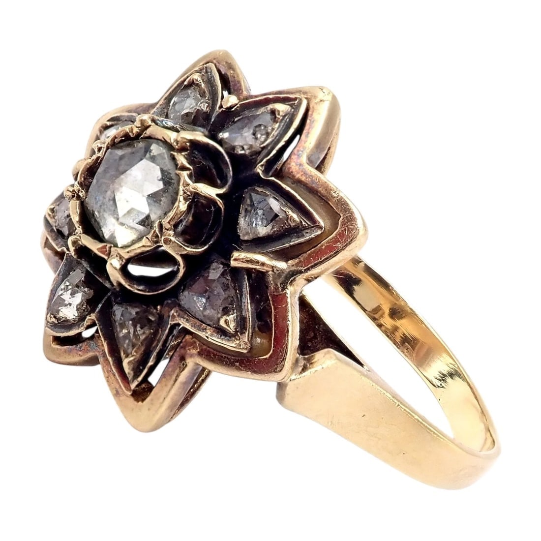 Vintage! Karl Faberge 18k Yellow Gold Rose Cut Diamond Flower Ring - 12