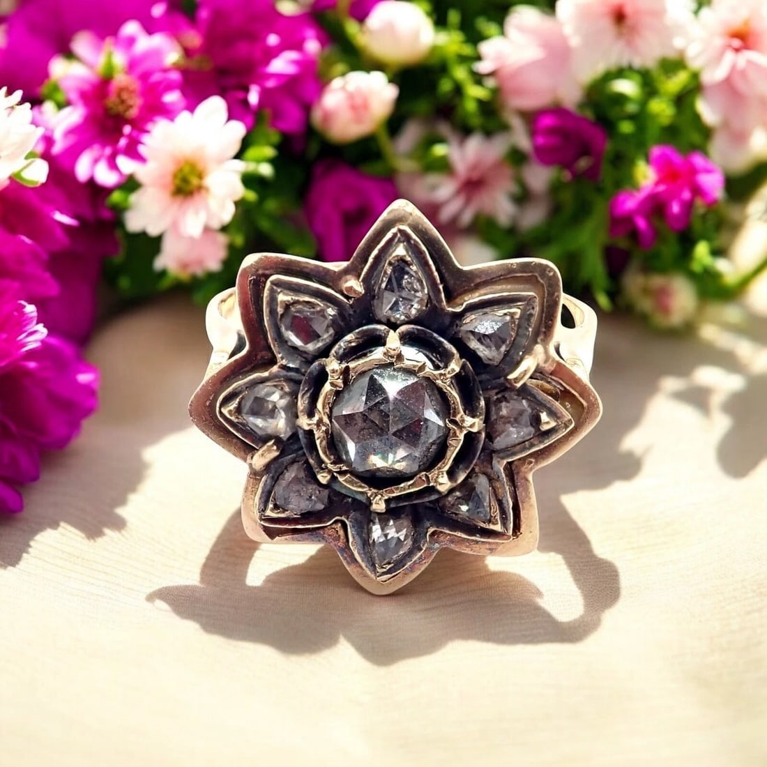 Vintage! Karl Faberge 18k Yellow Gold Rose Cut Diamond Flower Ring - 2