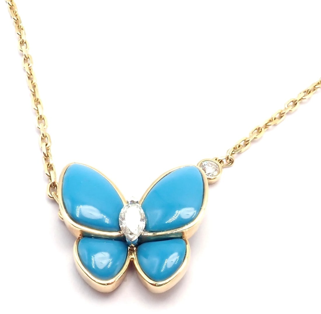 Van Cleef & Arpels 18k Gold Diamond Turquoise Butterfly Pendant Necklace Cert. - 11
