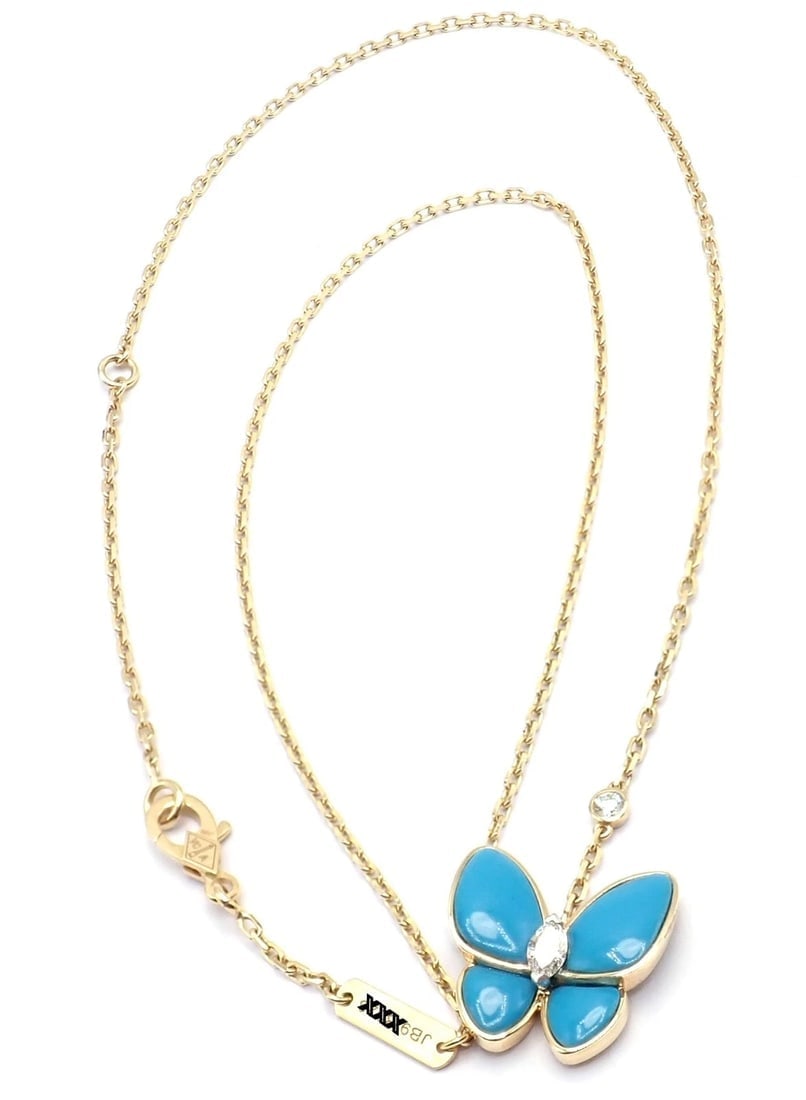 Van Cleef & Arpels 18k Gold Diamond Turquoise Butterfly Pendant Necklace Cert. - 12