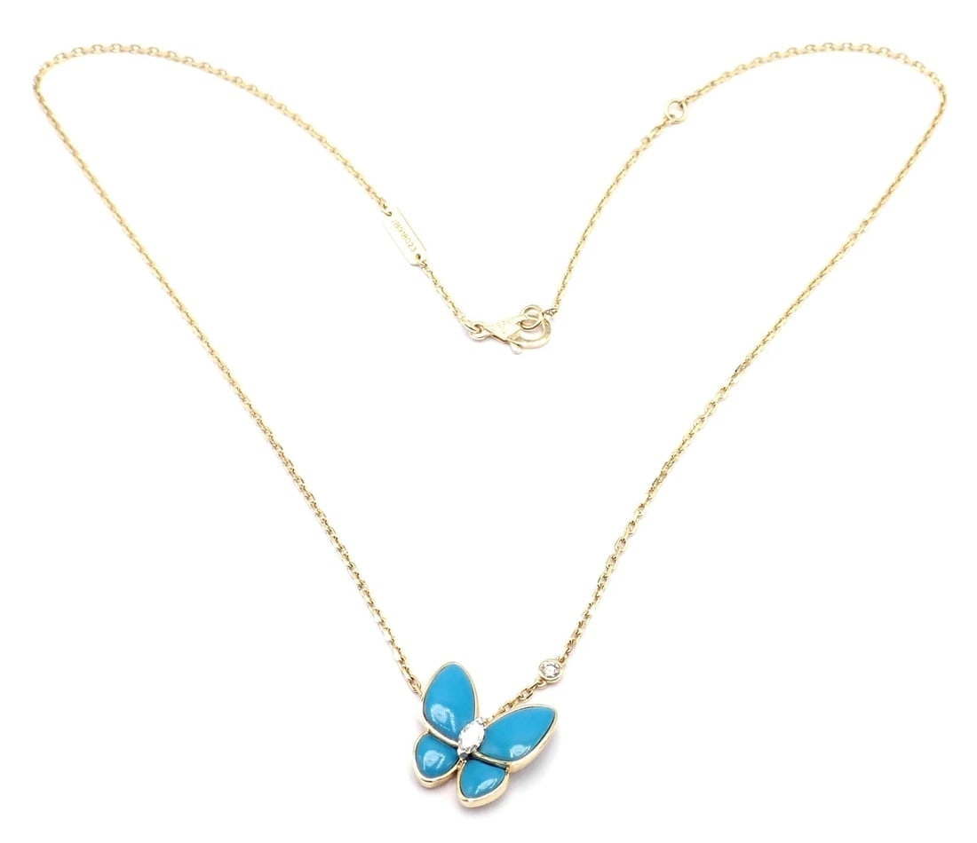 Van Cleef & Arpels 18k Gold Diamond Turquoise Butterfly Pendant Necklace Cert. - 13