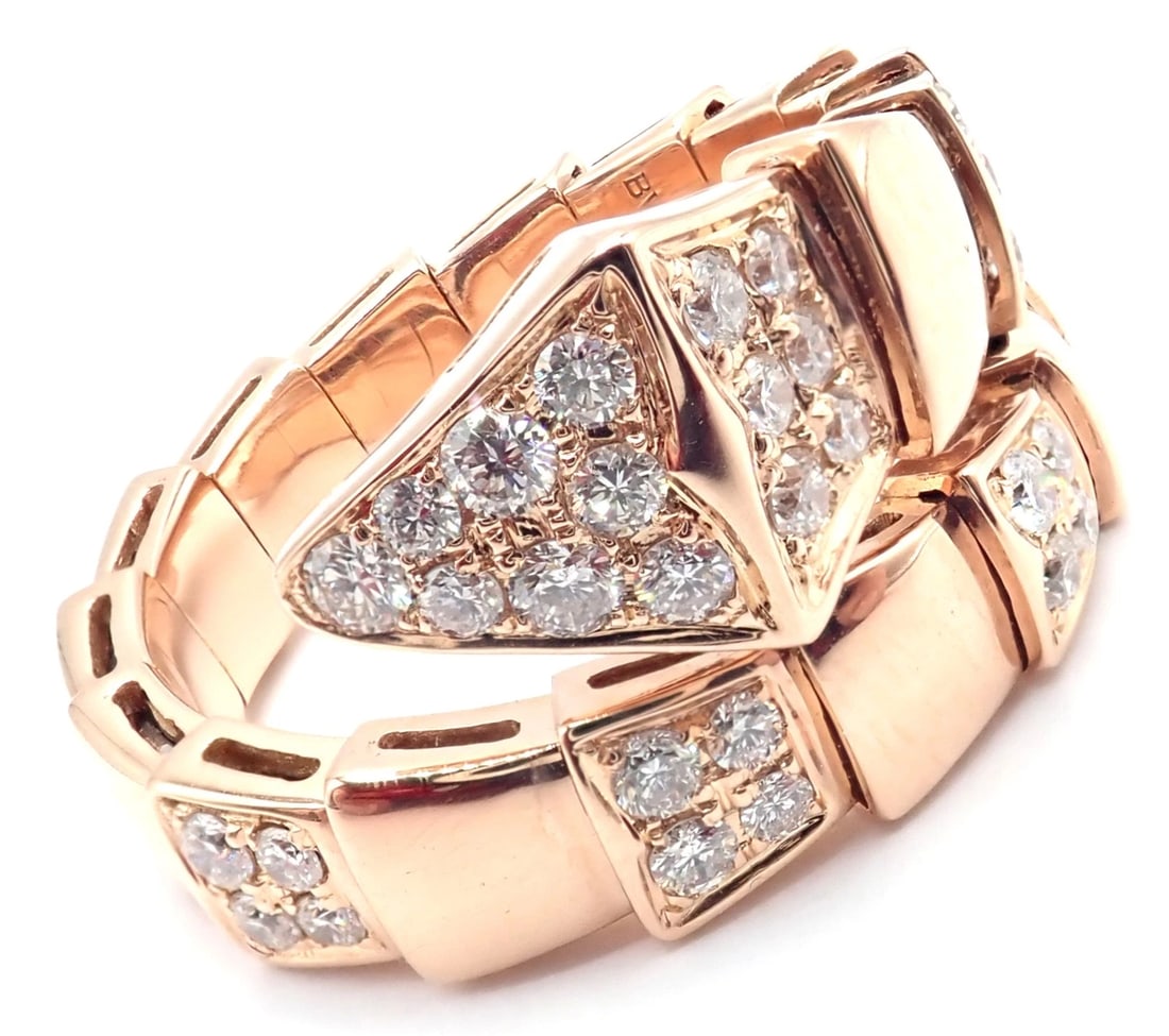 Authentic Bulgari Bvlgari Serpenti Viper 18k Rose Gold Diamond Band Ring Sz 8.75 - 12