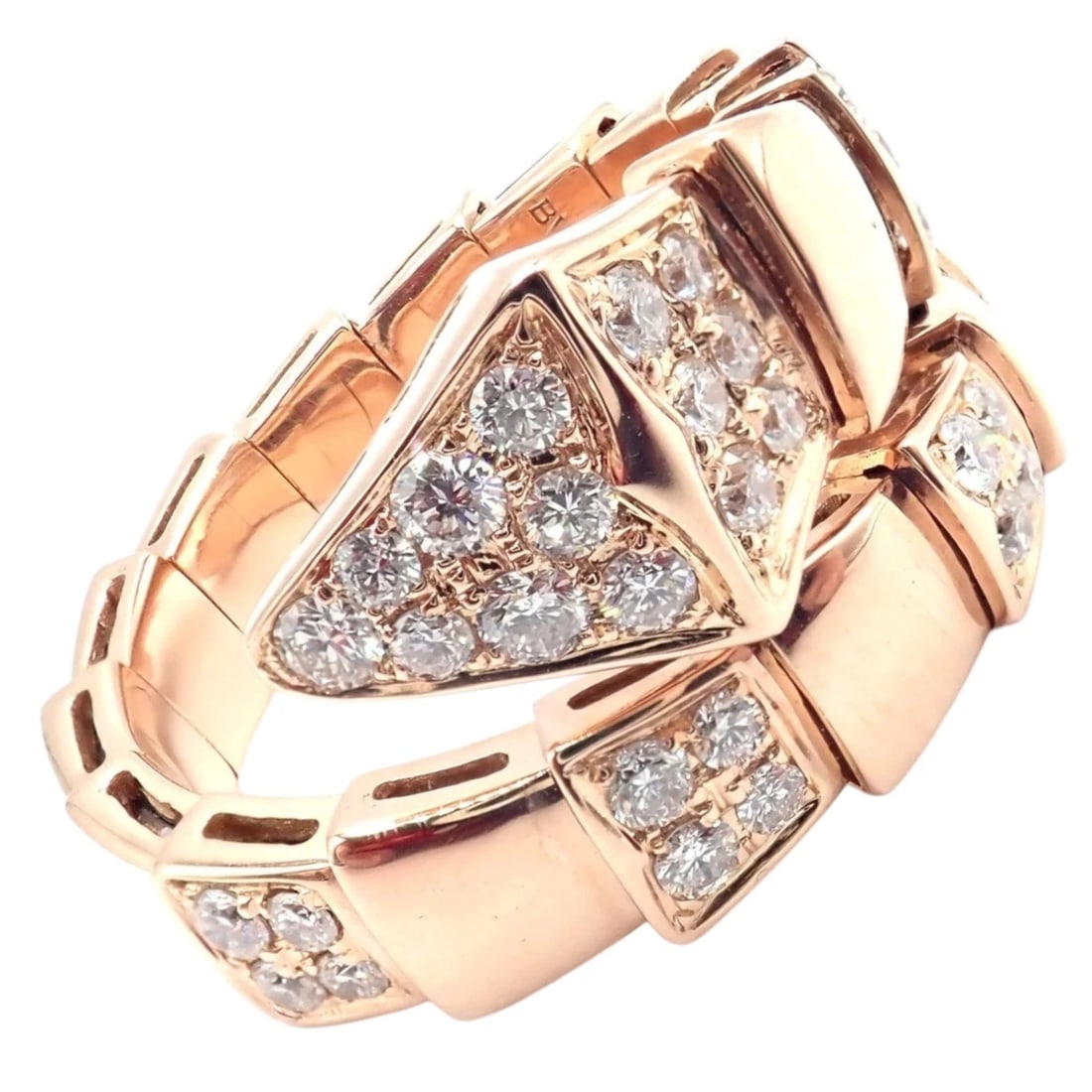 Authentic Bulgari Bvlgari Serpenti Viper 18k Rose Gold Diamond Band Ring Sz 8.75: Bold Bulgari Serpenti Viper band crafted in 18k rose gold, featuring articulated geometric links that wrap fluidly around the finger. Pavé-set diamonds accent triangular and curved segments, evok