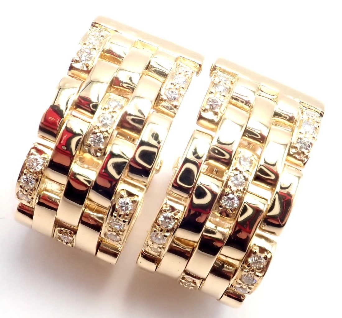 Authentic Cartier Maillon Panthere 18K Gold Diamond Five Row Link Gold Earrings - 14