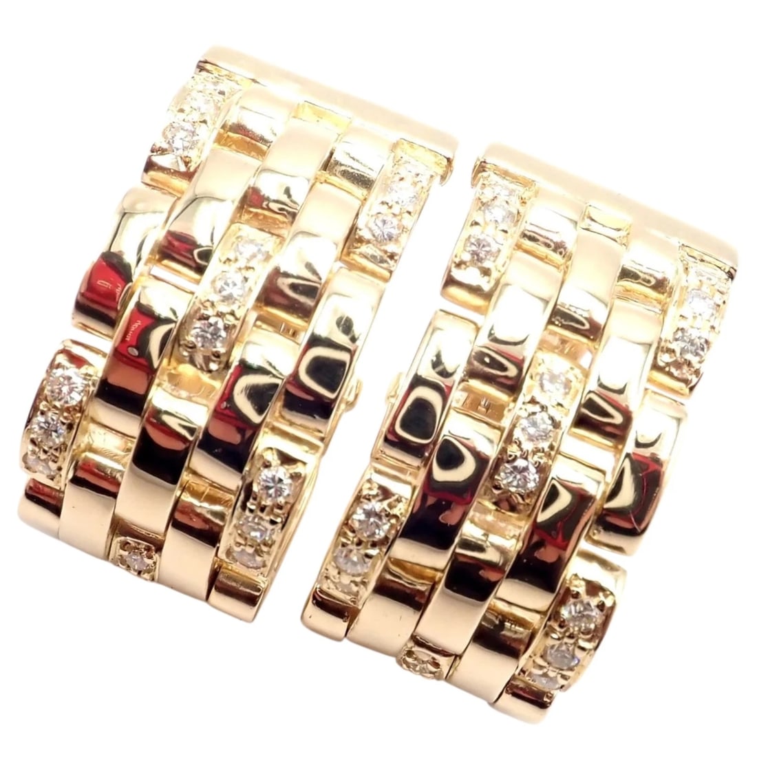 Authentic Cartier Maillon Panthere 18K Gold Diamond Five Row Link Gold Earrings: The Cartier Maillon Panthère earrings showcase iconic elegance in 18K yellow gold. Featuring five rows of polished, interlocking links adorned with dazzling diamonds, they embody sophistication