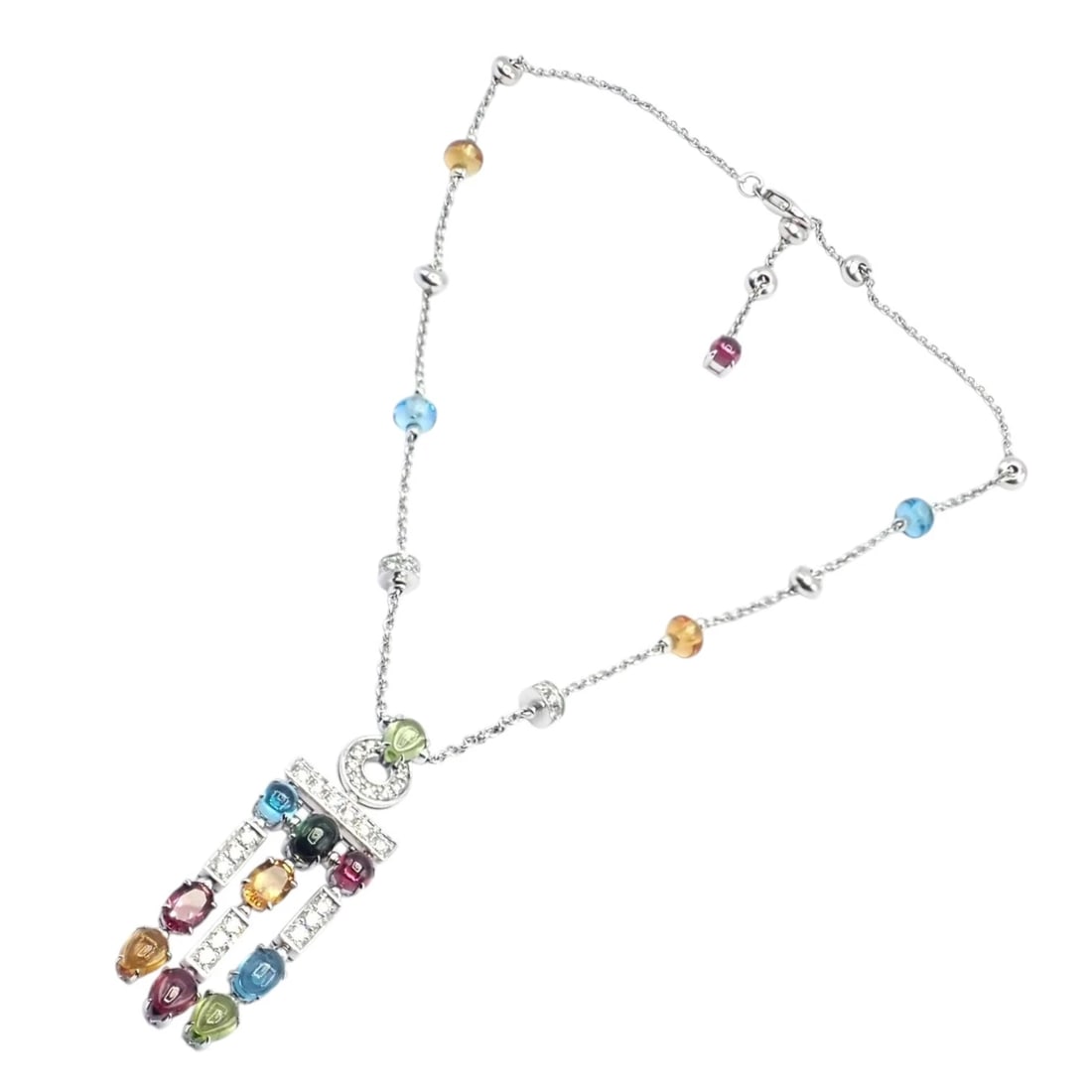 Authentic! Bvlgari Bulgari Allegra 18k White Gold Diamond Color Stones Necklace: Crafted in 18k white gold, this Bvlgari Allegra necklace showcases a vibrant array of colorful gemstones. Diamond-set accents add brilliance to the playful, cascading pendant. Suspended from a
