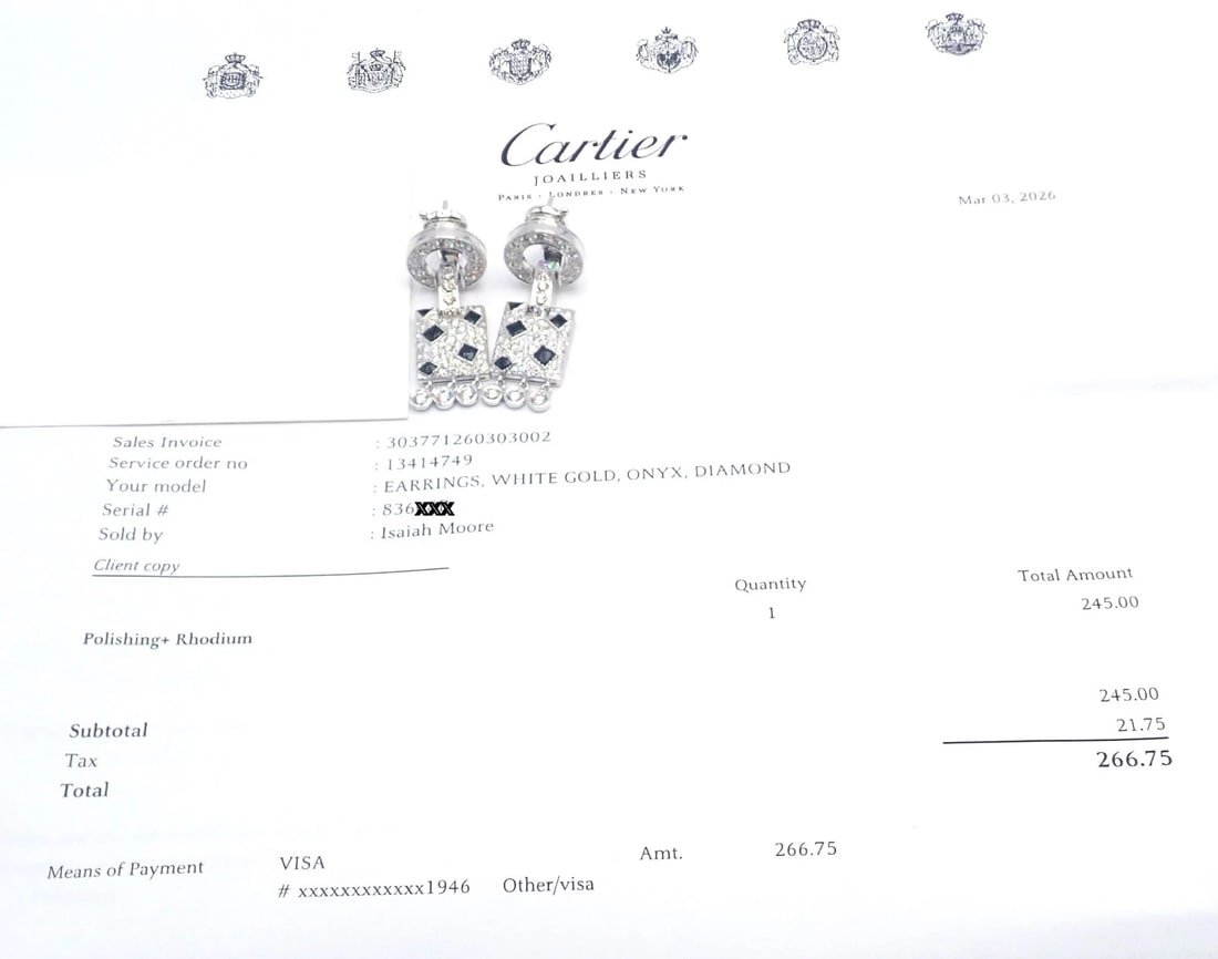 Authentic! Cartier Panthere Panther 18k White Gold Diamond Black Onyx Earrings - 10