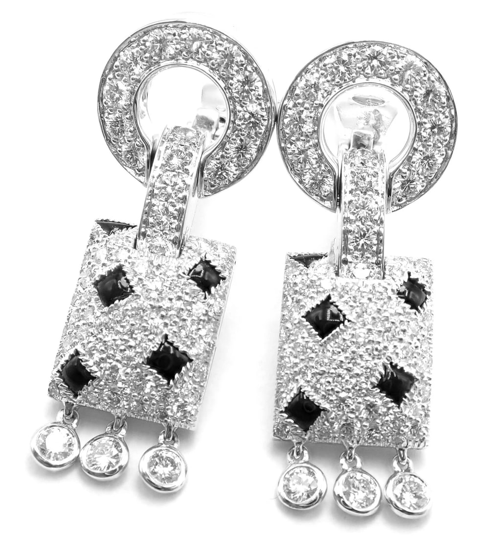 Authentic! Cartier Panthere Panther 18k White Gold Diamond Black Onyx Earrings - 14