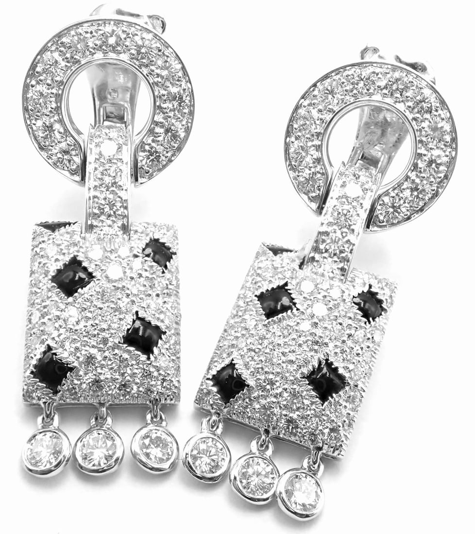 Authentic! Cartier Panthere Panther 18k White Gold Diamond Black Onyx Earrings - 15