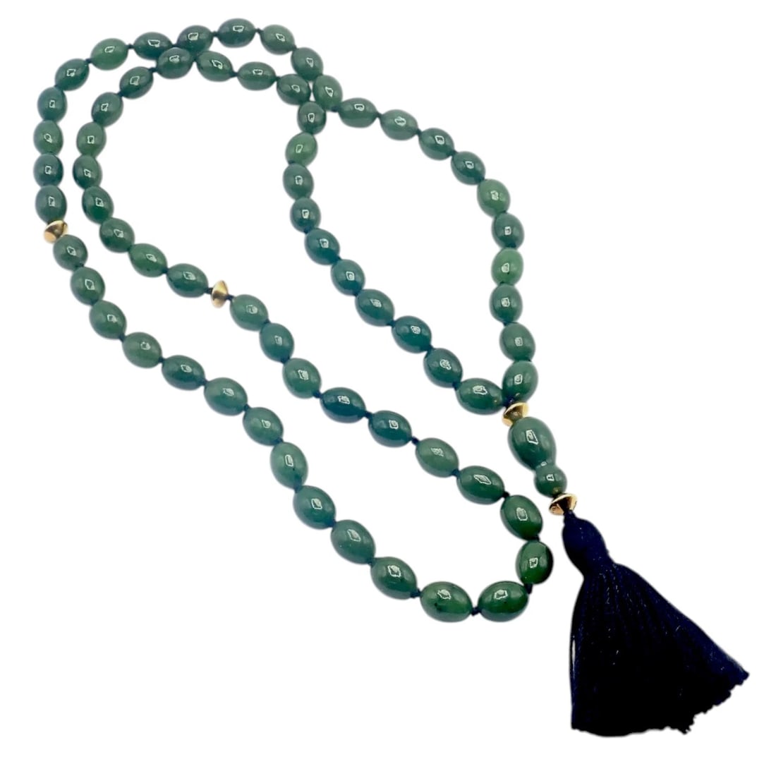 Authentic! Tiffany & Co Cummings 18k Yellow Gold Nephrite Jade Bead Necklace: Elegant Tiffany & Co. Cummings necklace crafted in 18k yellow gold, featuring smooth nephrite jade beads in rich, natural green hues. Hand-strung with refined spacing and subtle gold accents, it