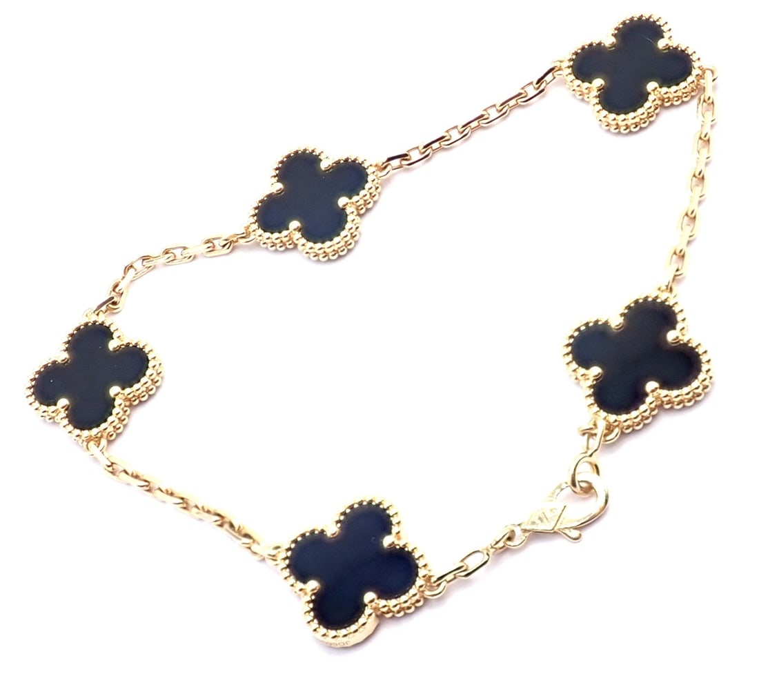 Authentic! Van Cleef & Arpels 18k Yellow Gold 5 Motif Onyx Alhambra Bracelet - 10