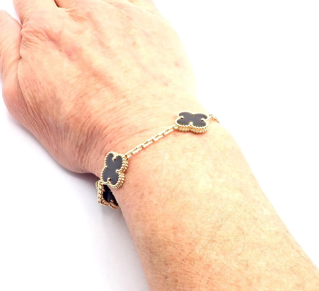 Authentic! Van Cleef & Arpels 18k Yellow Gold 5 Motif Onyx Alhambra Bracelet - 12