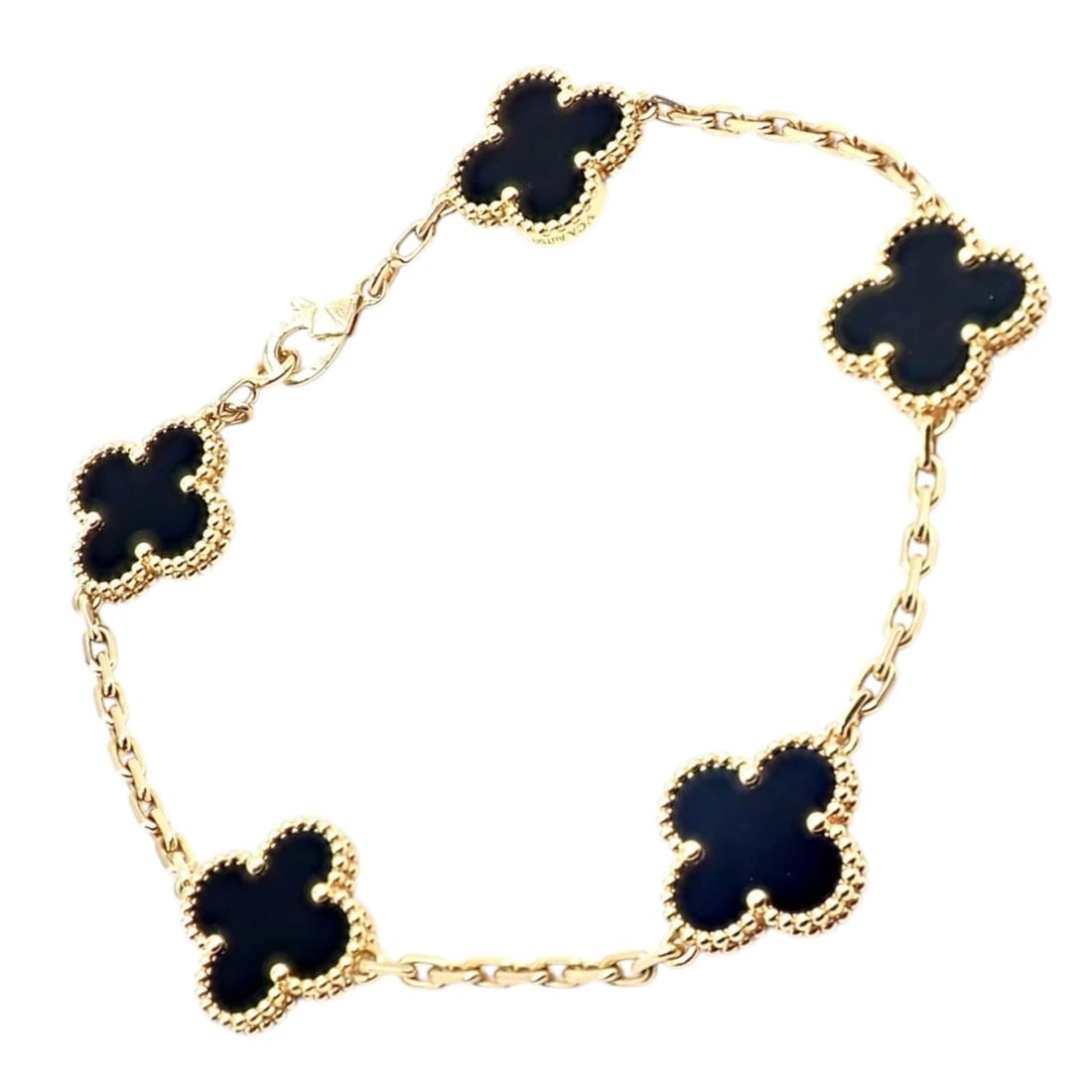 Authentic! Van Cleef & Arpels 18k Yellow Gold 5 Motif Onyx Alhambra Bracelet: Authentic Van Cleef & Arpels Alhambra bracelet crafted in luxurious 18k yellow gold, featuring five iconic clover motifs in rich black onyx. Framed with the maison’s signature beaded detailing, 