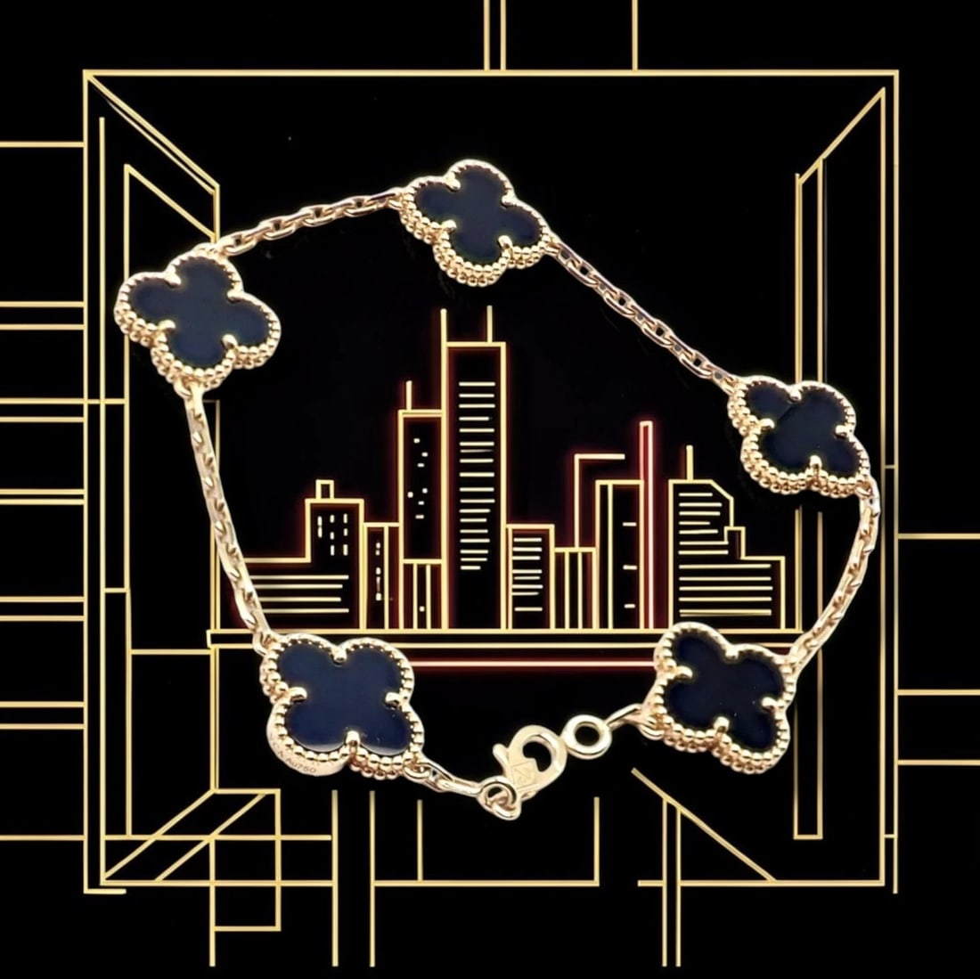 Authentic! Van Cleef & Arpels 18k Yellow Gold 5 Motif Onyx Alhambra Bracelet - 2