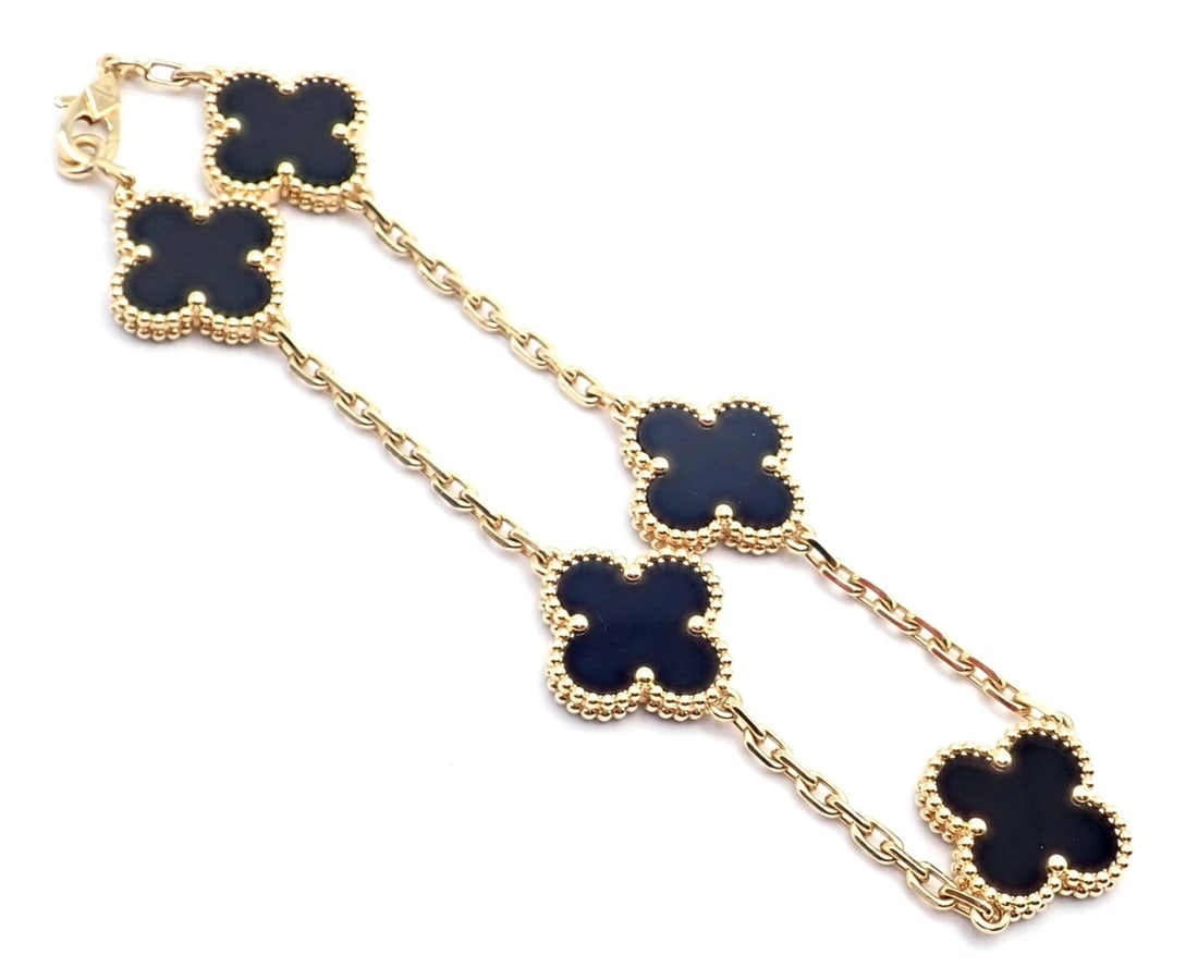 Authentic! Van Cleef & Arpels 18k Yellow Gold 5 Motif Onyx Alhambra Bracelet - 3