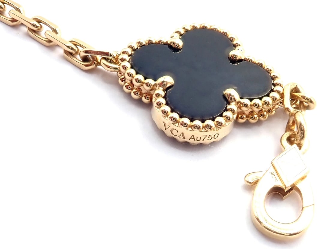 Authentic! Van Cleef & Arpels 18k Yellow Gold 5 Motif Onyx Alhambra Bracelet - 4