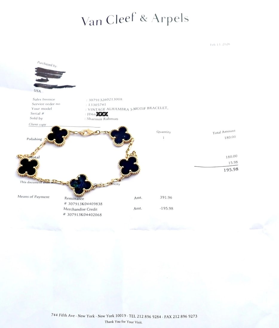 Authentic! Van Cleef & Arpels 18k Yellow Gold 5 Motif Onyx Alhambra Bracelet - 5