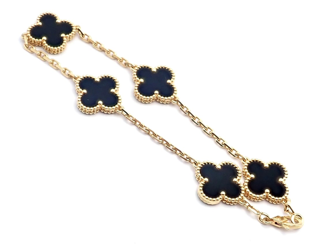 Authentic! Van Cleef & Arpels 18k Yellow Gold 5 Motif Onyx Alhambra Bracelet - 6
