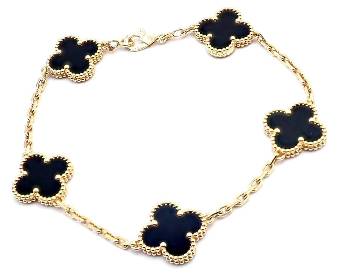 Authentic! Van Cleef & Arpels 18k Yellow Gold 5 Motif Onyx Alhambra Bracelet - 7