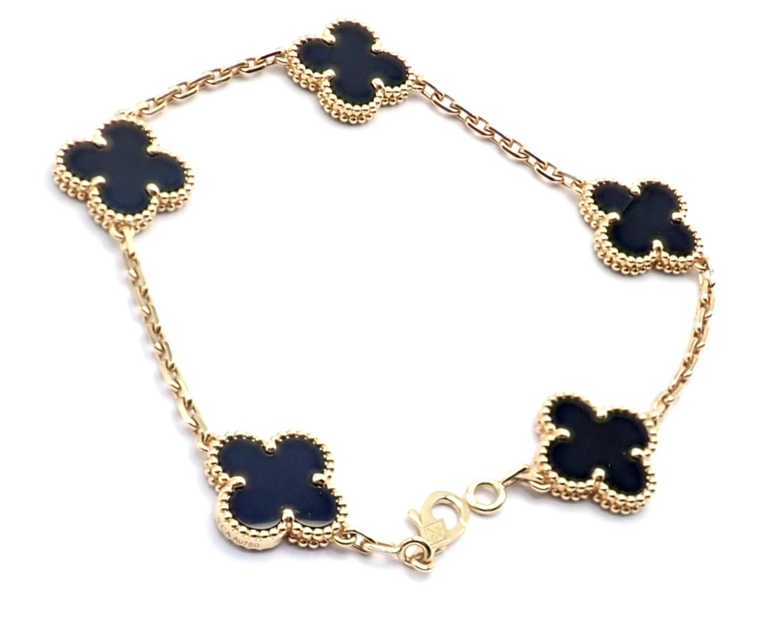Authentic! Van Cleef & Arpels 18k Yellow Gold 5 Motif Onyx Alhambra Bracelet - 8