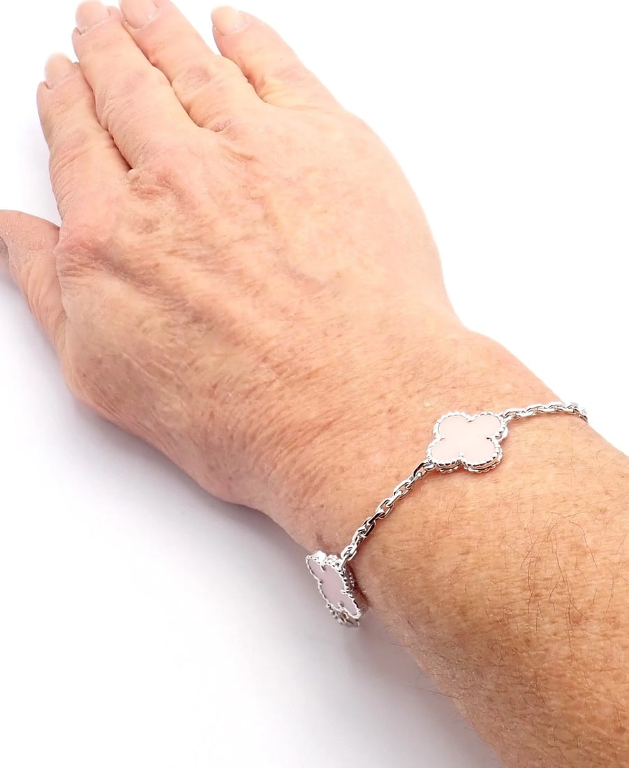 Authentic! Van Cleef & Arpels Alhambra 18k White Gold Pink Opal Bracelet Cer. - 10