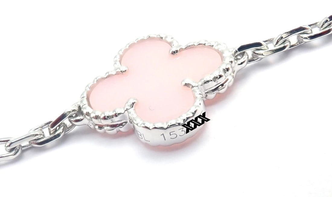 Authentic! Van Cleef & Arpels Alhambra 18k White Gold Pink Opal Bracelet Cer. - 11