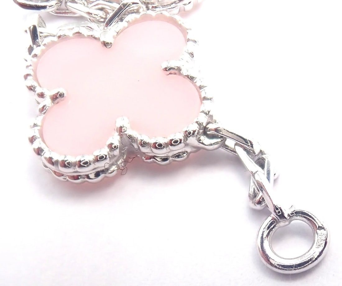 Authentic! Van Cleef & Arpels Alhambra 18k White Gold Pink Opal Bracelet Cer. - 12