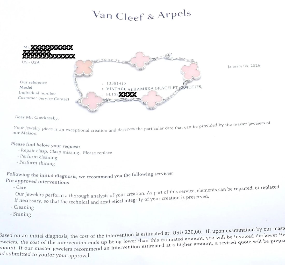 Authentic! Van Cleef & Arpels Alhambra 18k White Gold Pink Opal Bracelet Cer. - 14