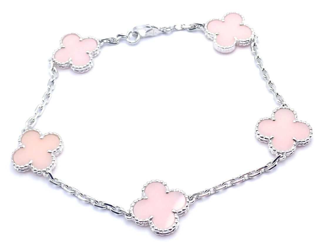 Authentic! Van Cleef & Arpels Alhambra 18k White Gold Pink Opal Bracelet Cer. - 15