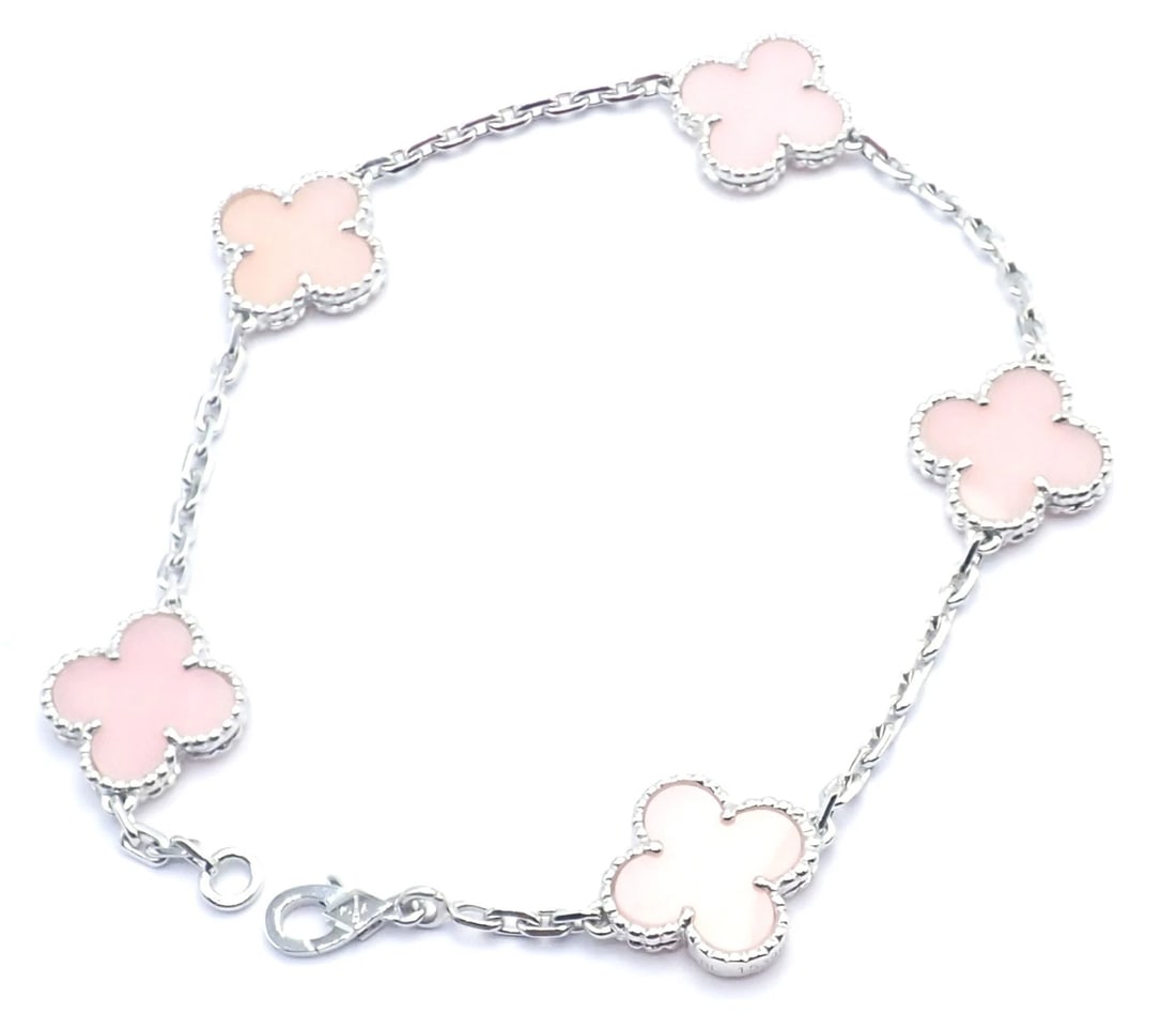 Authentic! Van Cleef & Arpels Alhambra 18k White Gold Pink Opal Bracelet Cer. - 16