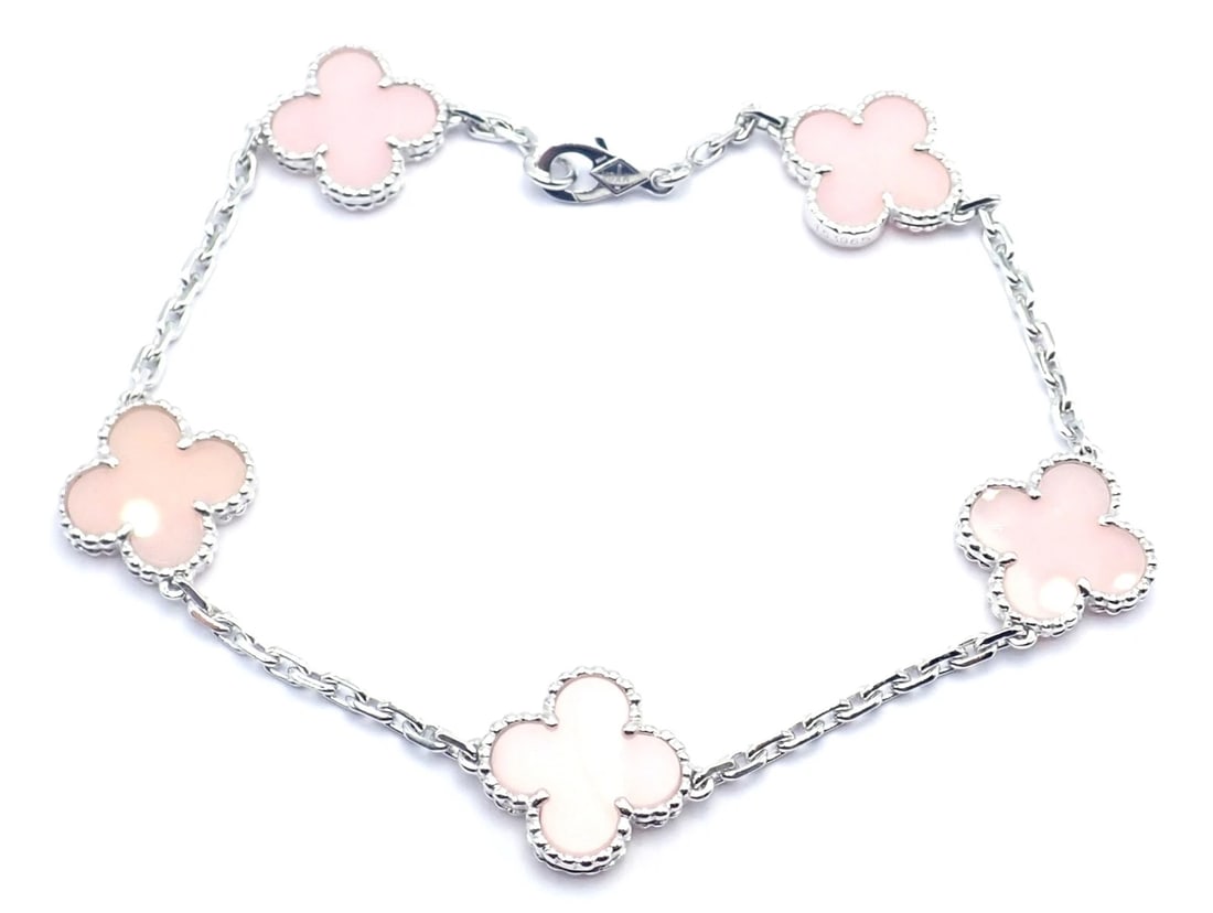 Authentic! Van Cleef & Arpels Alhambra 18k White Gold Pink Opal Bracelet Cer. - 3